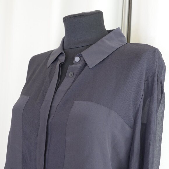 Alexander Wang 100% Silk Dark Blue Semi-Sheer Button Up Shirt Blouse Sz L - Picture 4 of 6